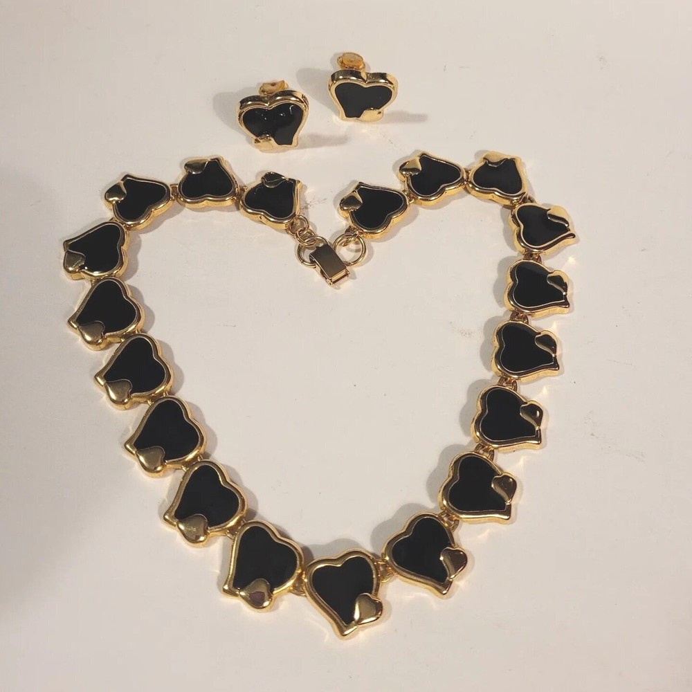 Gold and Black Heart Link Necklace with Matching Studs